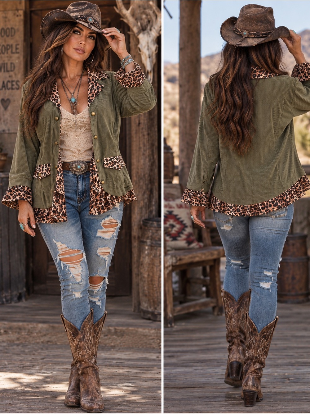 Cherrybetty Shacket army green sz XL w leopard hemline light cord jacket NWOT